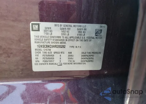 2017 Chevrolet Tahoe C1500 Lt z USA, uszkodzony, nr VIN 1GNSCBKC9HR285282